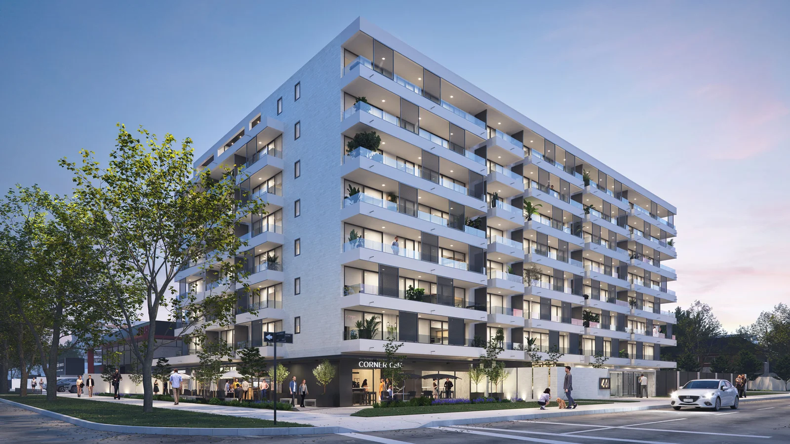 Render exterior de fachada de edificio de departamentos esquina Corner Cafe - Urban Life, Inmobiliaria Imagina