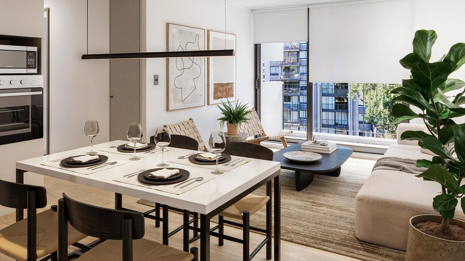 Visualización 3D interior de comedor y estar con iluminación natural - Edificio Aura, Inmobiliaria Sigma