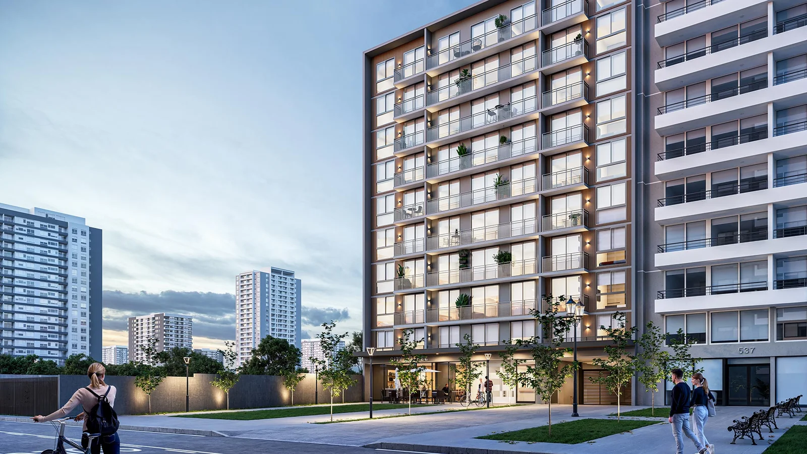 Render exterior de fachada iluminada al atardecer con acceso peatonal - Edificio Pulso, Inmobiliaria Echeverría Izquierdo