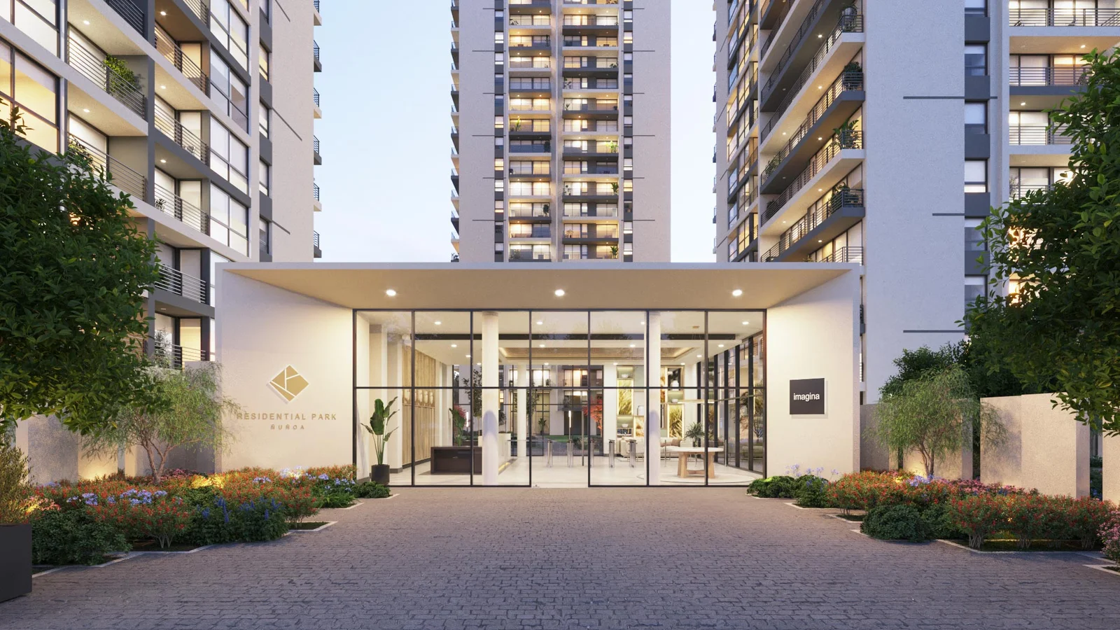 Visualización 3D de acceso principal y recepción acristalada de condominios - Residential Park Ñuñoa, Inmobiliaria Imagina