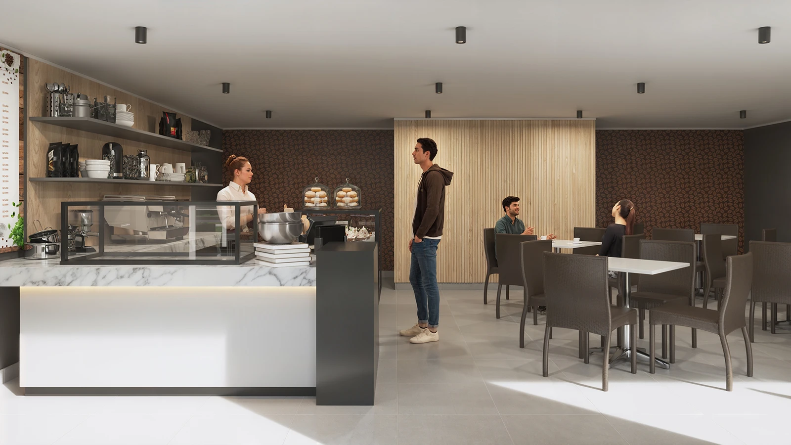 Visualización 3D de un local comerial con una cafetería - Locales Comerciales, Inmobiliaria Todos Los Santos