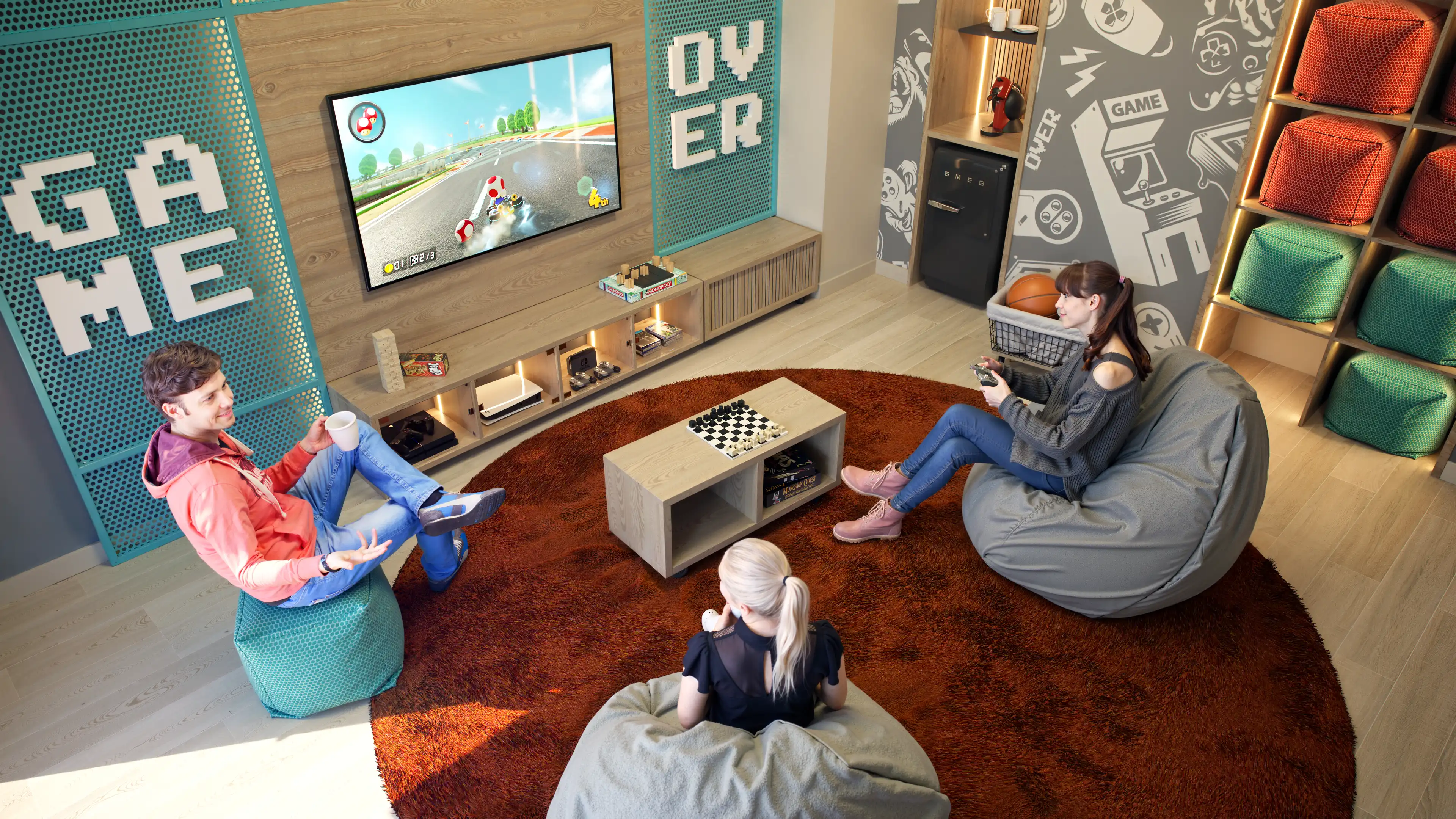 Visualización 3D de sala de juegos con personas conversando - Metropolitan Park, Inmobiliaria Imagina