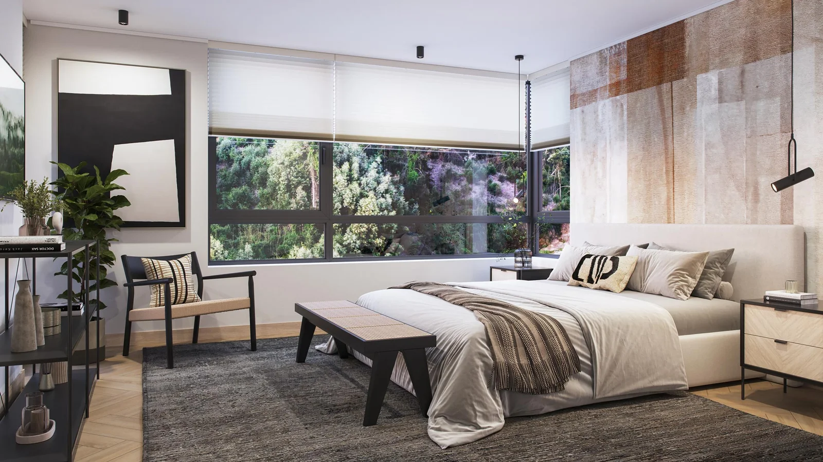 Visualización 3D interior de dormitorio principal con ventanales y vista a naturaleza - Edificio K, Inmobiliaria Parque Junge