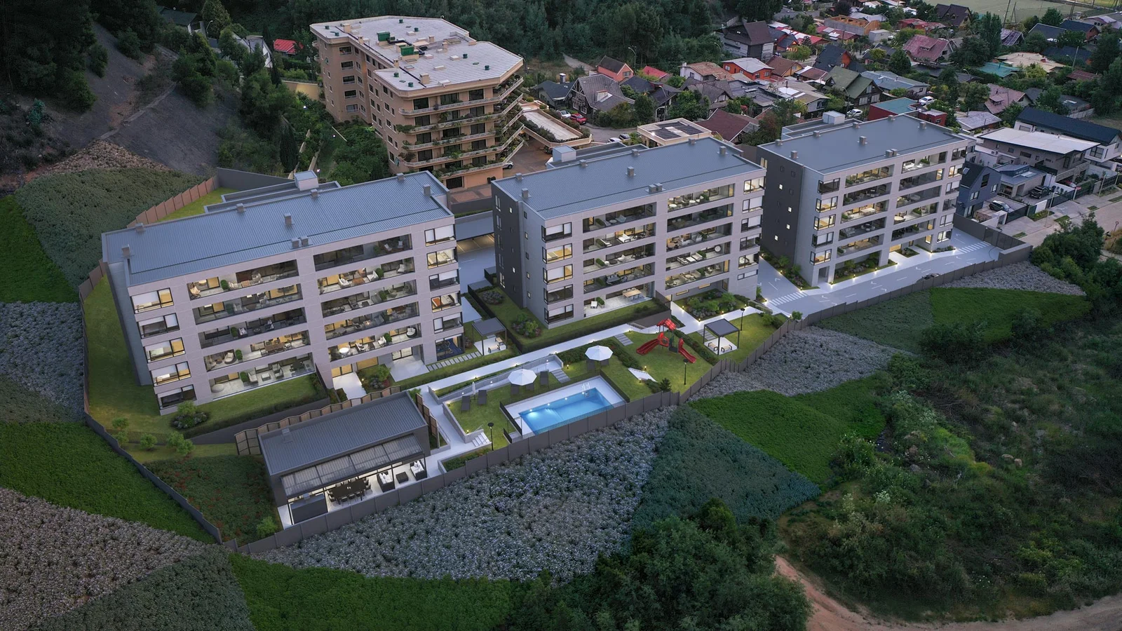Render aéreo de conjunto residencial de edificios con piscina, quincho y áreas verdes - Edificio K, Inmobiliaria Parque Junge