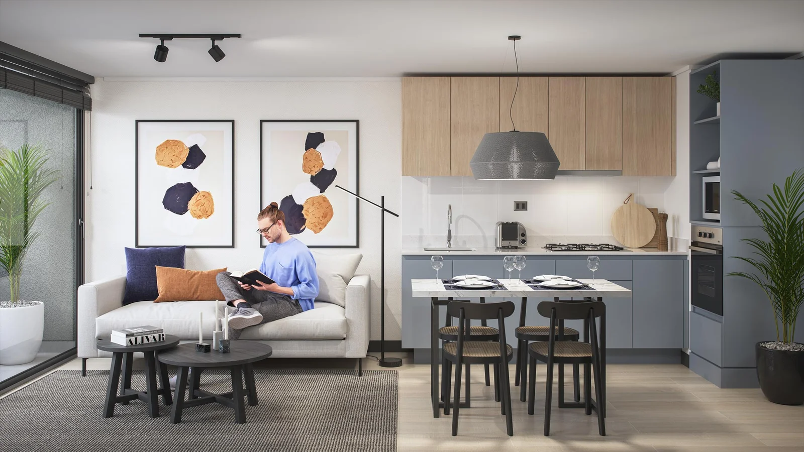 Render interior de departamento living comedor y cocina integrada moderna - Smart Independencia, Inmobiliaria Imagina