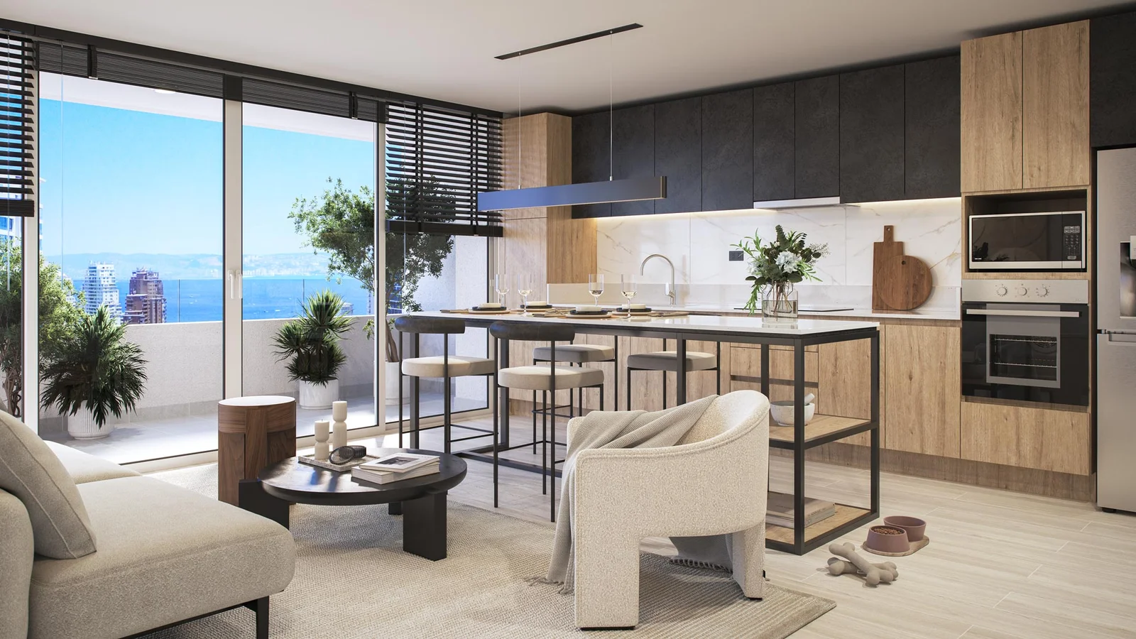 Render interior de cocina con isla y terraza con vista al mar - Smart Montemar, Inmobiliaria Imagina