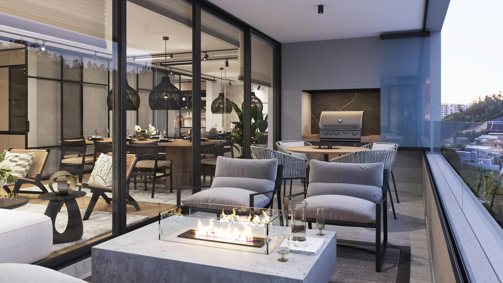 Visualización 3D de terraza equipada con fogón a gas y quincho - Edificio K, Inmobiliaria Parque Junge
