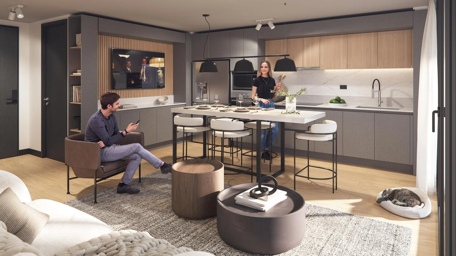 Render interior fotorrealista de espacio abierto cocina y estar familiar - Urban Life, Inmobiliaria Imagina