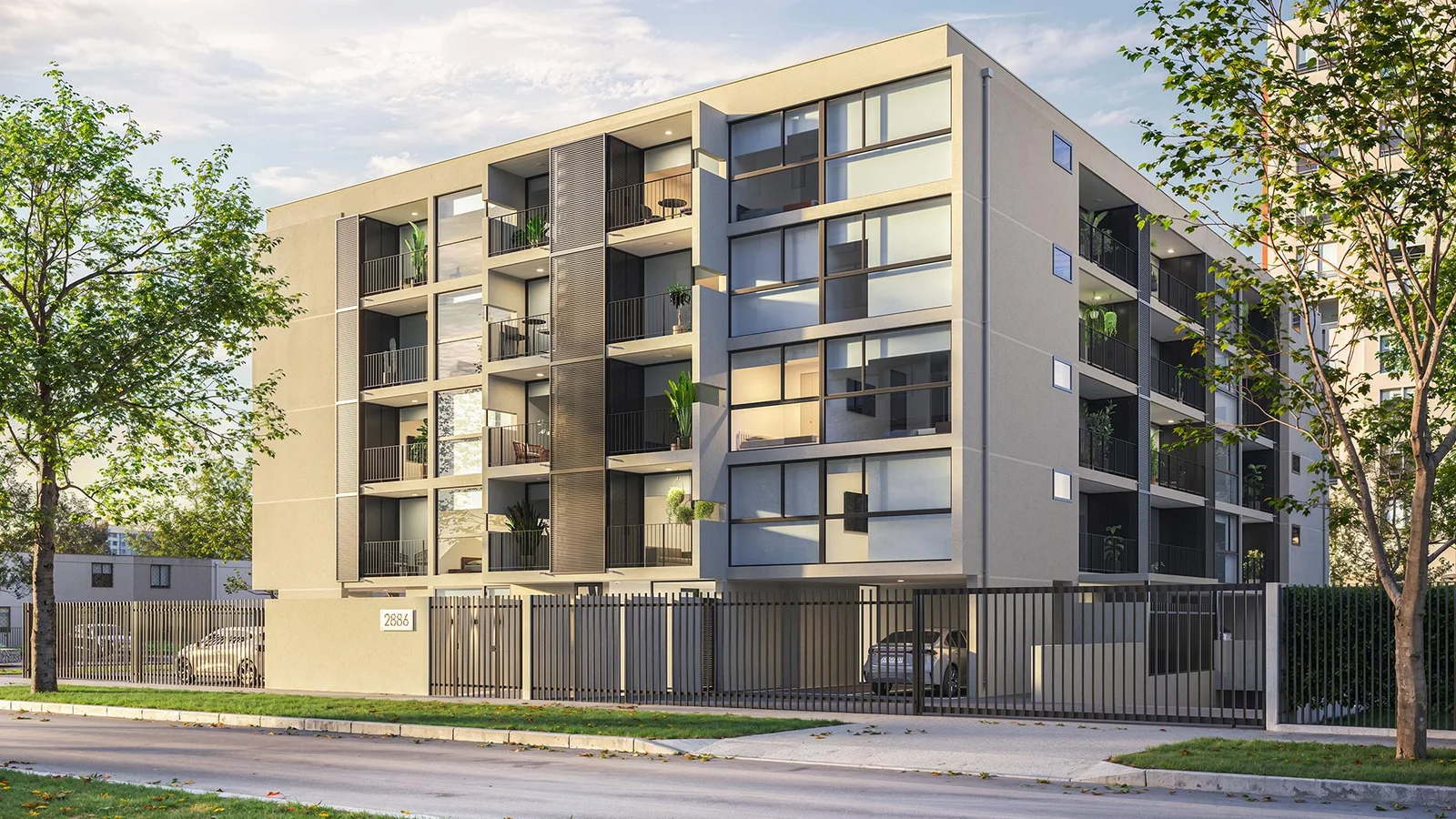 Render exterior de fachada de edificio residencial moderno de baja altura - Edificio Aura, Inmobiliaria Sigma